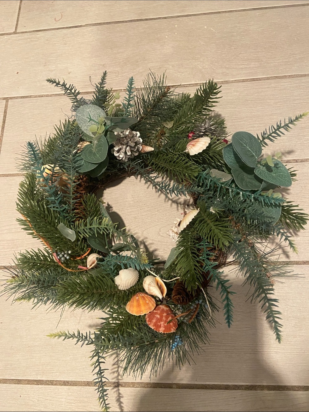 Festive Greenery Holiday Wreath with Seashell Accents